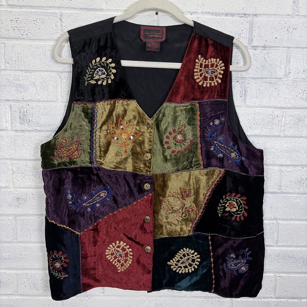VTG April Cornell Velvet Patchwork Vest Size M Embroidered Boho Artsy - Picture 1 of 7